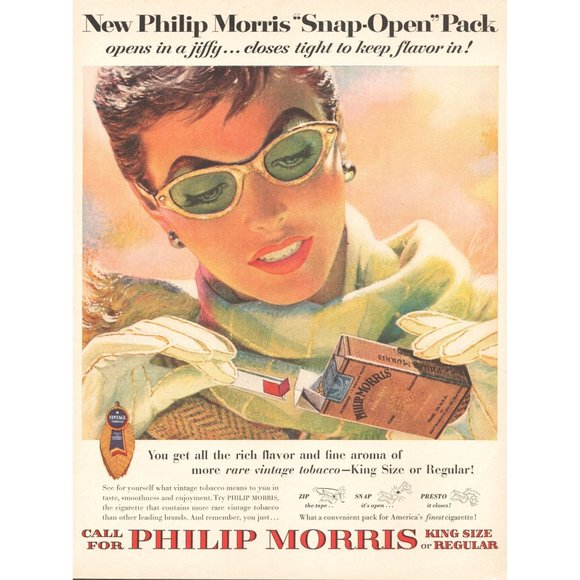 1954 Philip Morris Cigarettes Vintage Print Ad Snap Pack Woman Glamor Cats Eye - Picture 1 of 1